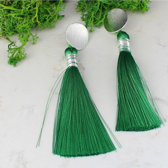 New handmade earrings long tassel silver green - Picture 1 of 2